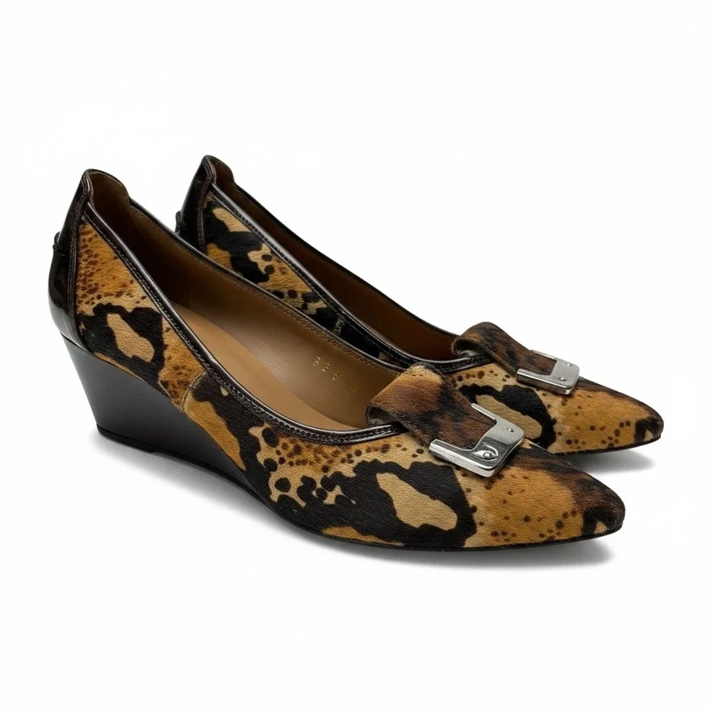 Donald J Pliner Leopard Calf Hair Wedge Pumps Pointed Toe Buckle Brown Womens